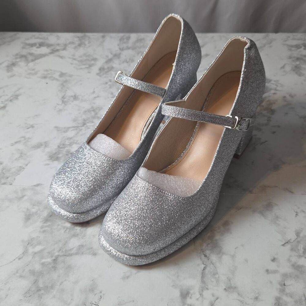 Womens Glitter Chunky Heeled Ankle Strap Pumps